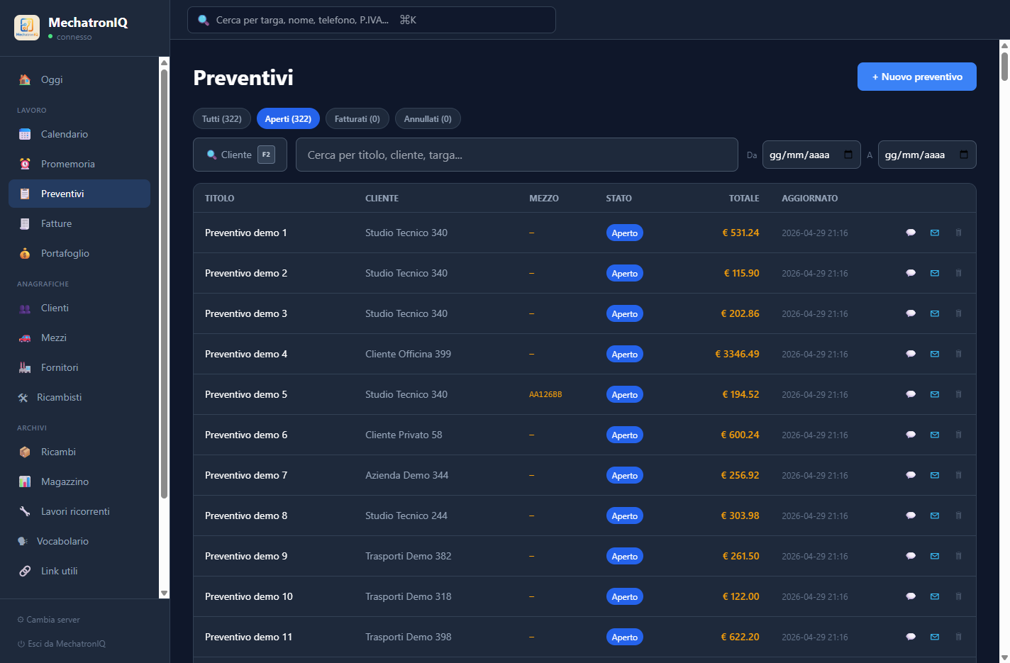 Lista preventivi MechatronIQ