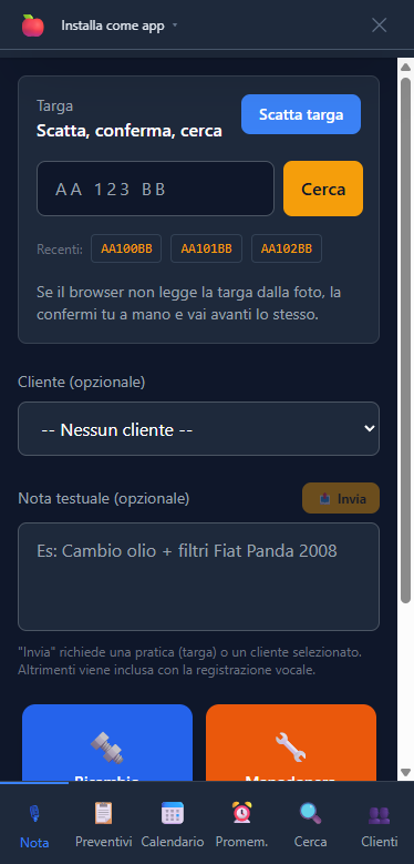 PWA mobile con nota vocale, targa e nota testuale